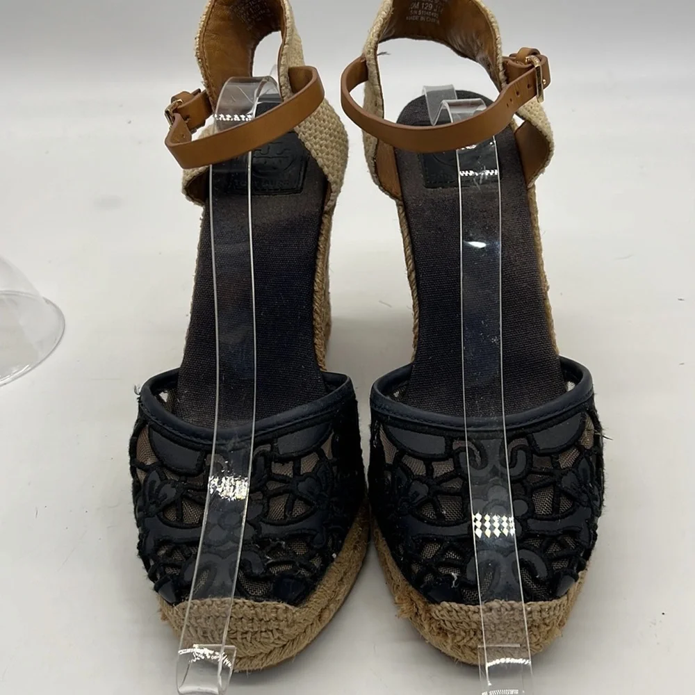 Tory Burch Navy Floral Lace Wedge Espadrilles size 10